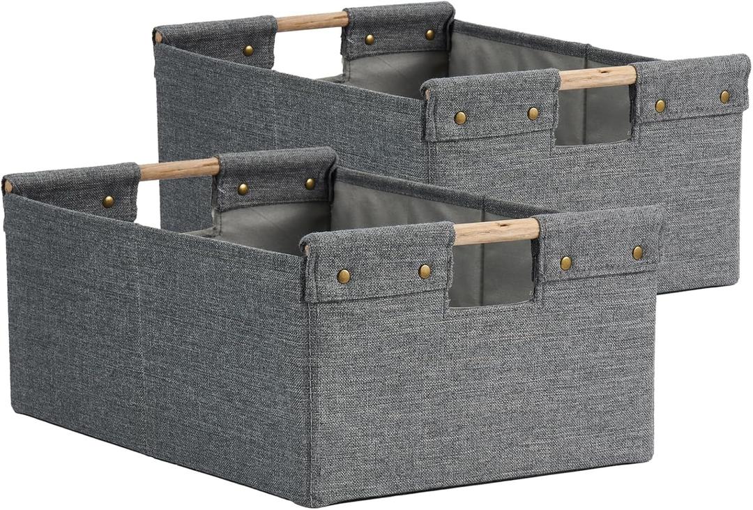 2PCS Storage Bins Cotton Linen Fabric Storage Boxes Basket with Wooden Handles Foldable Washable Decorative Shelf Container Clothes Organizer Home Laundry - Small Size, Gray