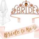JETKONG 3 Pcs Bachelorette Party Decorations "BRIDE" Crown, Bride to Be Sash&Veil for Women Bachelorette Party Gifts, Bridal Shower Supplies, Gifts, Favors (Rose Gold)