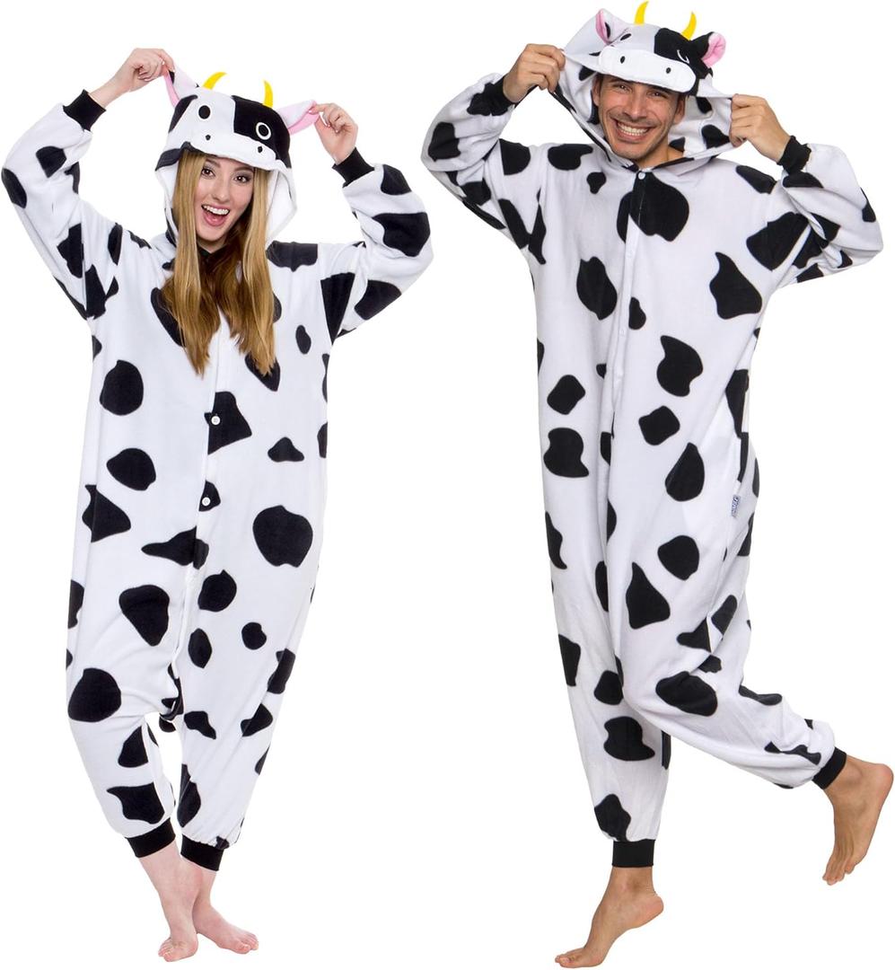 Funziez! Adult Onesie Halloween Costume - Animal and Sea Creature - Plush One Piece Cosplay Suit for Adults, Men and Women (X-Large, Cow)