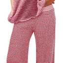 Tankaneo Womens Sweater Set Striped 2 Piece Outfits Oversized 3/4 Sleeve V Neck Knit Tops Wide Leg Pants Fall Lounge Sets (Small, Pink)
