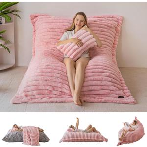 MAXYOYO Giant Bean Bag Chair with Pillow, 3 in 1 Convertible Bean Bag Chair for Adults with Removable Cover, Floor Cushion Stuffed Floor Lounger for Living Room Bedroom, Pink (Full, Faux Fur Pink)