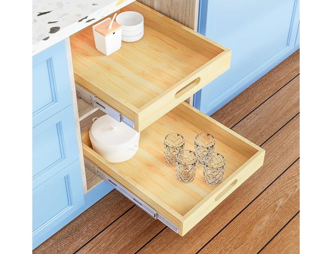 Pull Out Cabinet Organizer, 1PC 15” W x 21” D Soft Close Slide Out Wood Drawer Storage Shelves for Kitchen, Base Cabinet Organization for Pantry, Finished, Heavy-Duty, Bottom Assembly