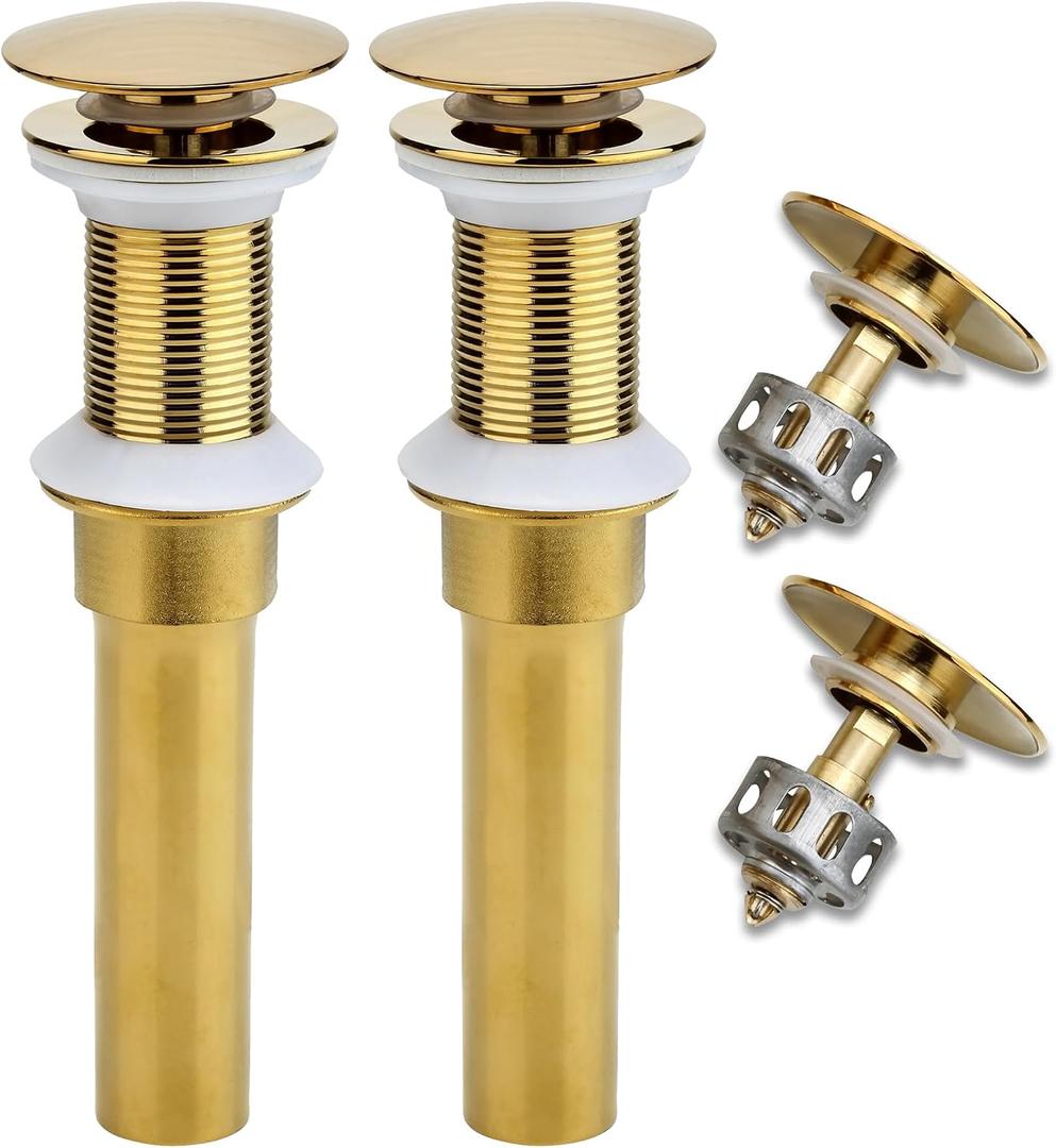 Rockgoya Bathroom Sink Drain, 2 Pack Gold Drain Stopper Bathroom Sink Without Overflow, Pop Up Drain Assembly with Detachable Strainer Basket, Built-in Anti-Clogging Strainer, Stainless Steel