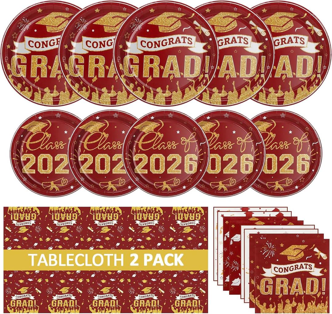 Graduation Party Plates Napkins and 2026, Class of 2026 Congrats Grad Party Supplies 9'' and 7'' Maroon Disposable Paper Plates Tablecloth for Graduation Party Decor,Serve 50