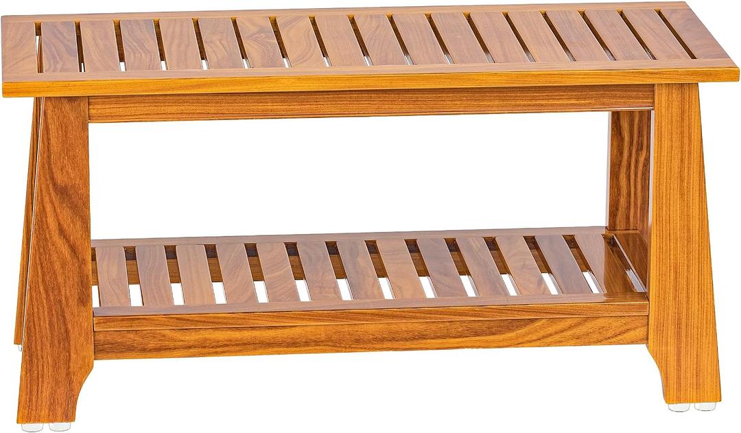 NNN 30" Commercial Teak Shower Bench - 8 Non-Slip Leveling Feet & 350 lbs Capacity | Rock-Solid Stability for Seniors & Spa Safety | Waterproof Design for Saunas/Outdoor Pools (Patented)