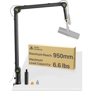 Design for Shure SM7B SM7dB MV7 Never-Sag Mic Boom Arm, Extra-Long 950mm Reach, 6.6lbs Load Capacity, Gear-Lock Suspension Microphone Stand Desk Mount for Blue Yeti Rode Heavy Mics