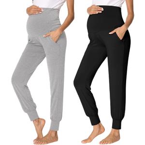 fitglam Women's Maternity Pants Over Belly Lounge Pajamas Clothes Pregnancy Must Haves Joggers with Pockets (X-Large, 2pcs Black/Heather Grey)