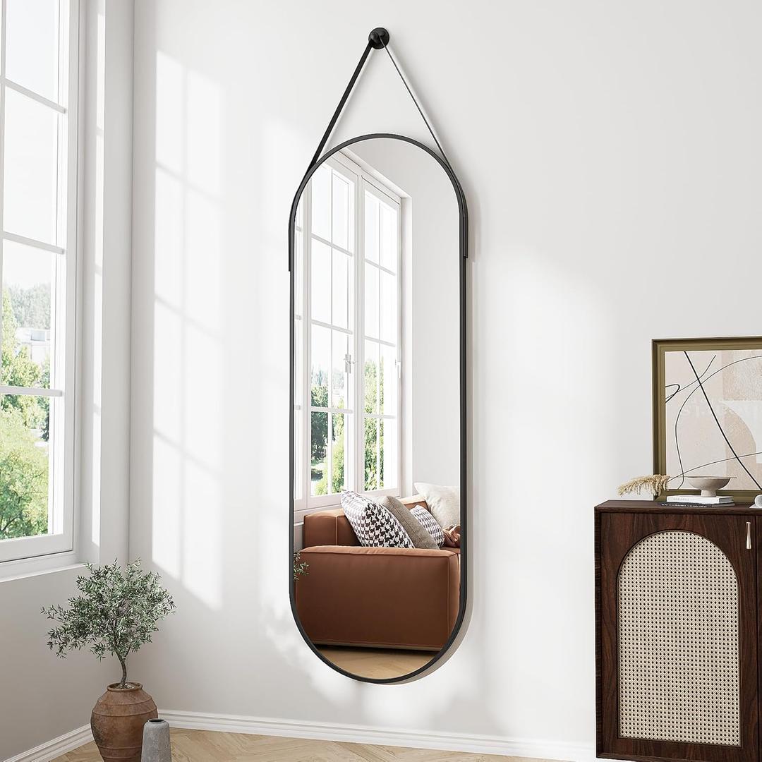 Full Length Mirror, Oval Wall Mounted Mirror, 48"x16" Door Mirrors Full Length with Hanging Leather Strap with Aluminum Frame for Bathroom Living Room Entryway (Black)