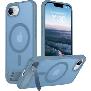 Temdan Magnetic Compatible with iPhone 16E Case, [Built-in Invisible Kickstand][Compatible with MagSafe][Military Grade Shockproof] Slim Translucent Matte Case for iPhone 16E 6.1" 2025 (Light Blue)