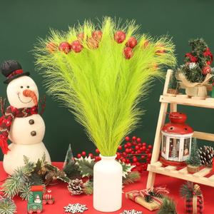 12 PCS Lime Green Christmas Tree Picks 17'' Christmas Tree Fillers with Red Glitter Ball Green Furry Stems Trees Topper Ornaments for Holiday Home Vase Fillers Xmas Trees Wreath Craft Decoration