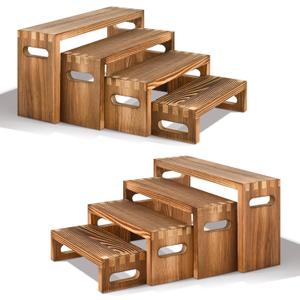 8 Pcs Wood Risers Display Stands, 2 Set Wooden Risers for Table Display, 4 Tier Rectangular Riser Display Stand Wooden for Cupcake, Desserts, Perfume, Collections, Jewelry Showcase