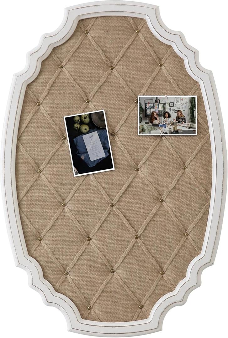 SOFE Large Fabric Bulletin Board with Ribbon, 35  24 Inches Pinboards for Wall, Wood Framed Photo Display Board, Farmhouse Memo Board, Unique Decorative Hanging Memo Board (White)