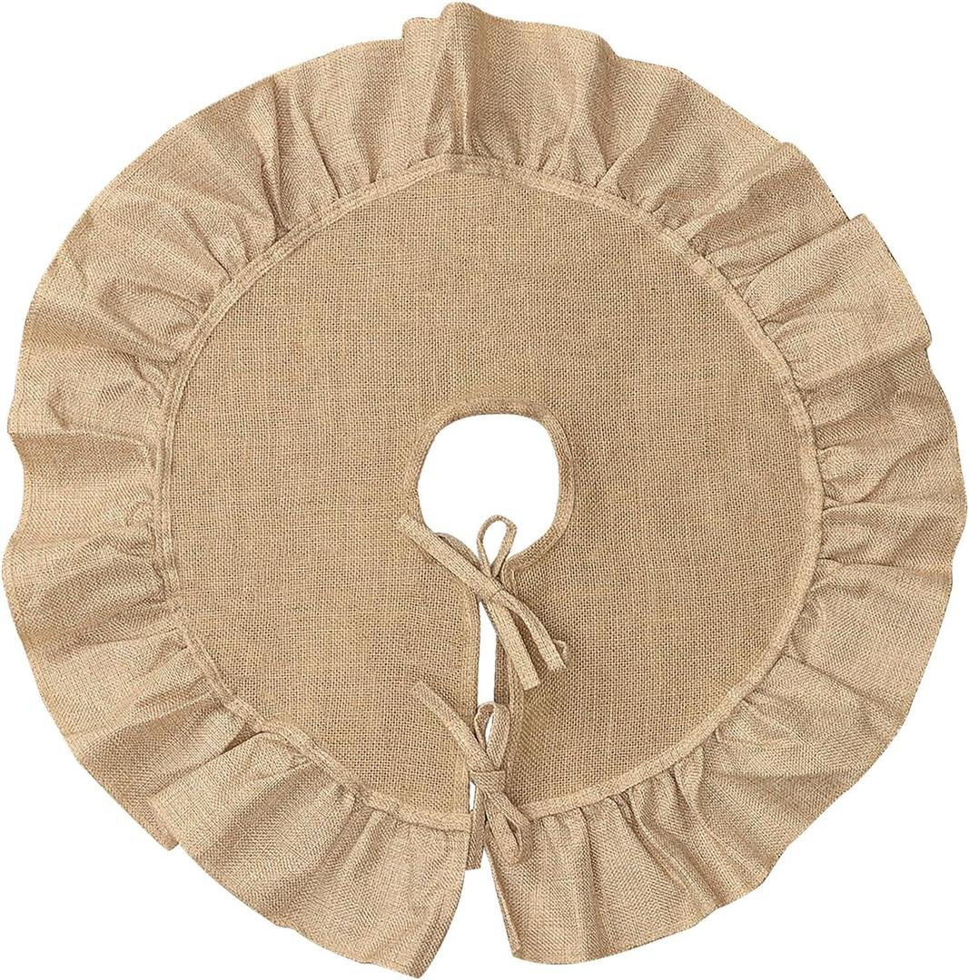 Mini Burlap Tree Skirt 24 Inch, Small Burlap Tree Skirt with Ruffle, Boho Christmas Tree Skirt for Pencil Tree Western Christmas Farmhouse Decorations