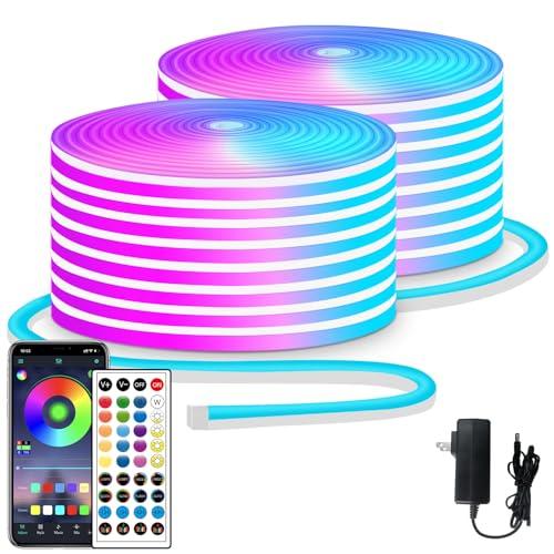 segrass 100ft LED neon Lights with Remote APP Control IP65 Waterproof Flexible Neon LED Strip Lights 24v RGB LED neon Rope Lights for Bedroom Room Outdoors Decor（2 Rolls of 50ft)