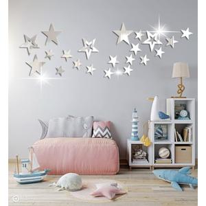 aooyaoo 26pcs Stars Acrylic Mirror Wall Stickers, 4 Sizes, Silver Stars, Stickers with Adhesive, Art Decal, 3D Wall Decorations for Baby Kids Bedroom Home DIY Decor