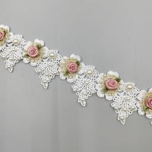 Generic 1 Yard Lace Applique Pearl Trim Vintage Gold Pearl Rose Flowers Embroidered Lace Fabric DIY Sewing Supplies Crafts Wedding Bridal Dress Party Clothes Decoration 1.96"" Wide (White)