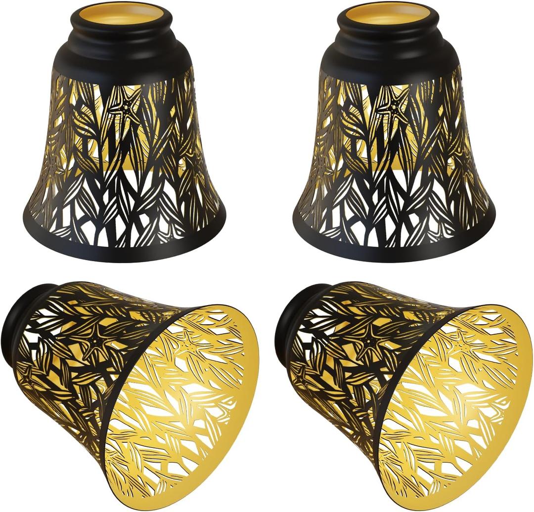 Pendant Light Shades, 4 Pack Ceiling Fan Light Shade Replacements with 1-5/8" Fitter, ALUCSET 4.72" Height and 4-3/4" Diameter, Metal Bell Shaped Cover for Chandelier Pendant Light Wall Sconces (Black Gold Trumpet Star)