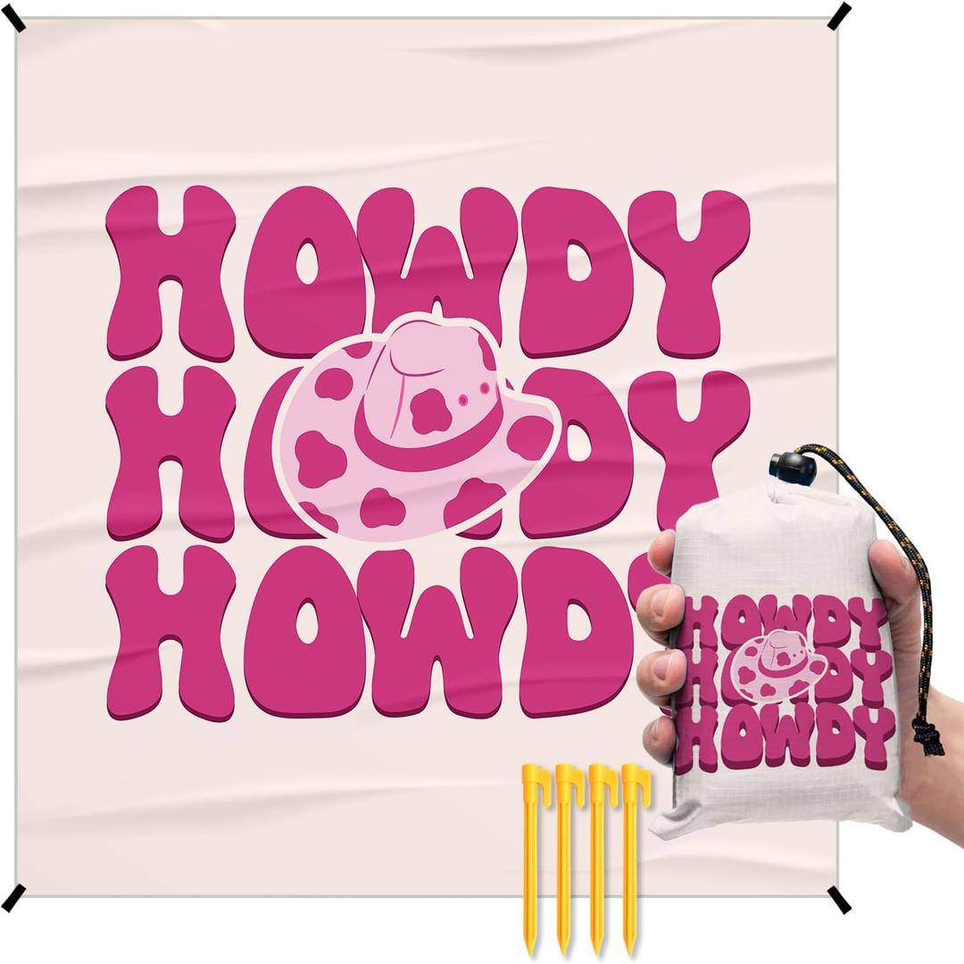 Pink Cowgirl Howdy Pocket Picnic Blankets, Preppy Western Mini Beach Camping Blanket Waterproof Sandproof, Trendy RV Outdoor Blanket Mat Gifts for Cowgirls Camper Campsite Dorm Travel 55x60in