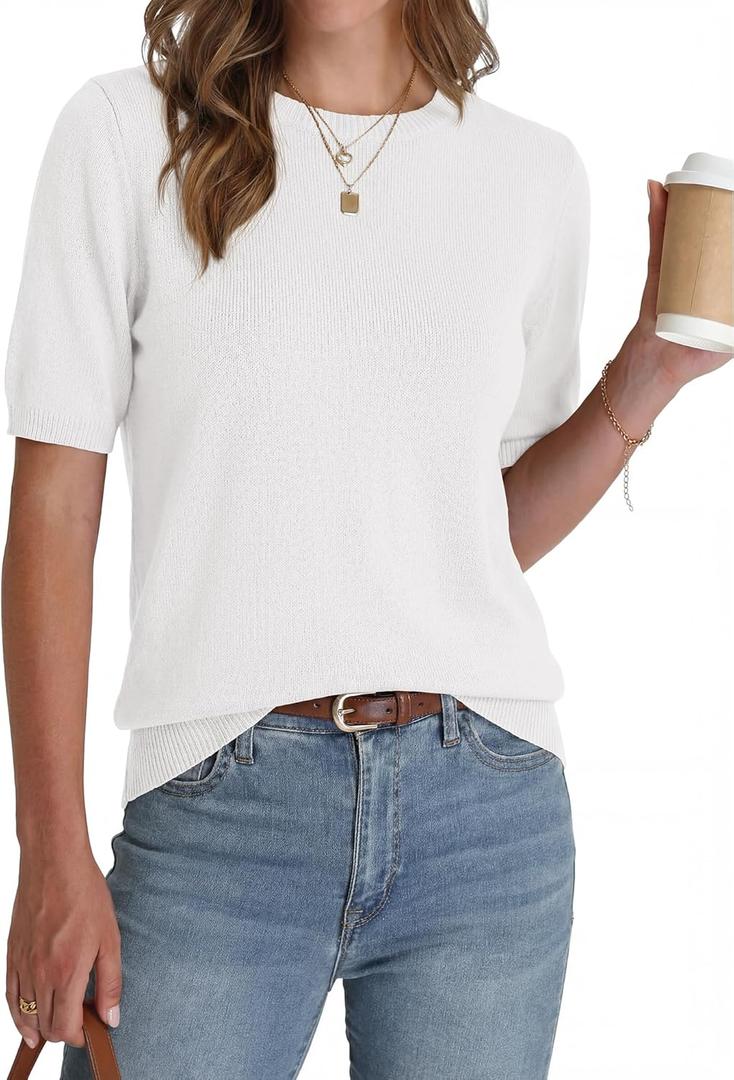 BTFBM Short Sleeve Sweater for Women Spring Tops Crew Neck Lightweight Pullover Loose Dressy Casual Blouse Basic Clothes (XX-Large, White)