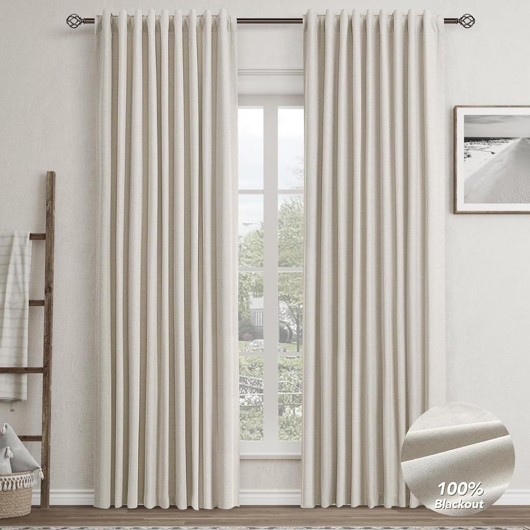 Greyish Beige Linen Blackout Curtains for Bedroom 84 Inch Length 2 Panels Set Back Tab Pocket Neutral Farmhouse Living Room Darkening Curtains Track System Thermal Insulated Black Out Drapes 52x84
