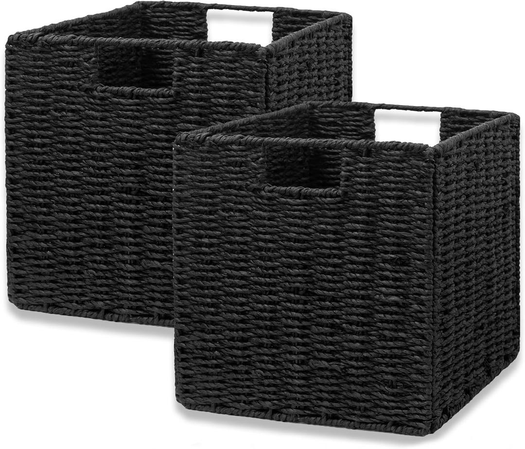 Vagusicc Storage Basket, Set of 2 Hand-Woven Storage Baskets for Organizing with Handles, Foldable Cube Storage Baskets Bins Organizer, 13 inch Large Wicker Baskets for Shelves & Decor, Black