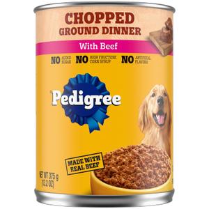 Pedigree, Adult Canned Wet Dog Food Chopped Ground Dinner with Beef, 13.2 oz. Cans 12 Pack Best By 05/26/28