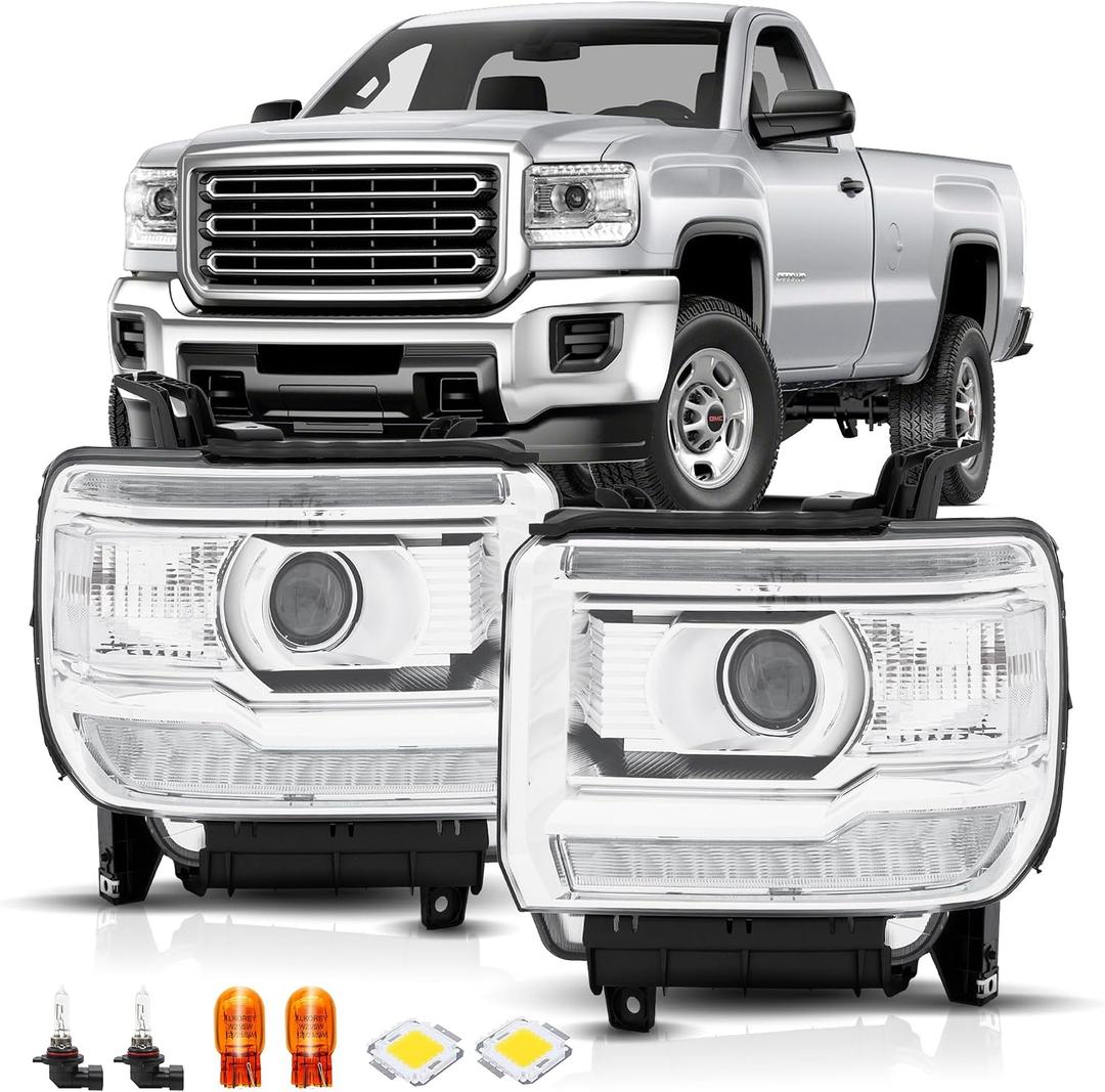 Clear Headlight Assembly Fit for 2014-2018 GMC Sierra 1500/2015-2019 GMC Sierra 2500HD 3500HD with LED DRL, Driver Passenger Siede Headlamp,Chrome Housing