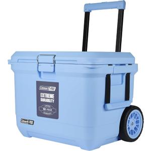 Coleman Pro Heavy-Duty 55qt Wheeled Ultra-Light Premium Hard Cooler, Extra-Thick Insulation Keeps Ice up to 5 Days, 92-Can Capacity, Heavy-Duty Wheels,Blue Sky