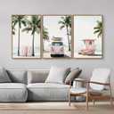 KYLESONLIE Tropical Beach Themed Framed Canvas Wall Art, Pastel Girly Surfboard Wall Decor, Relaxing Hawaii Palm Tree Posters, Coastal Beachy Art Paintings for Girls Bedroom Living Room Dorm 16"x24"x3
