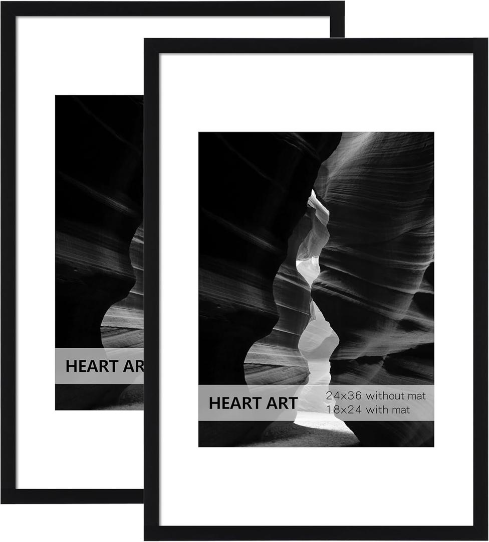 HEART ART 24x36 Poster Frame with Mat, Black Picture Frame, Display Pictures 18x24 with Mat or 24 x 36 Without Mat, Poster Frames 24 x 36 inches for Wall Mounting, 2 Pack