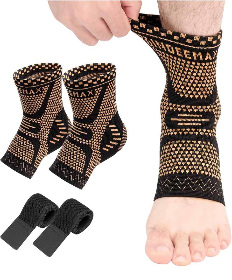 INDEEMAX 2 Pack Ankle Brace for Sprained Ankle, Arch Support Compression Sleeve Socks for Women & Men, Achilles Tendonitis Brace Wraps for Plantar Fasciitis, Foot Swelling Relief (Copper, Medium)