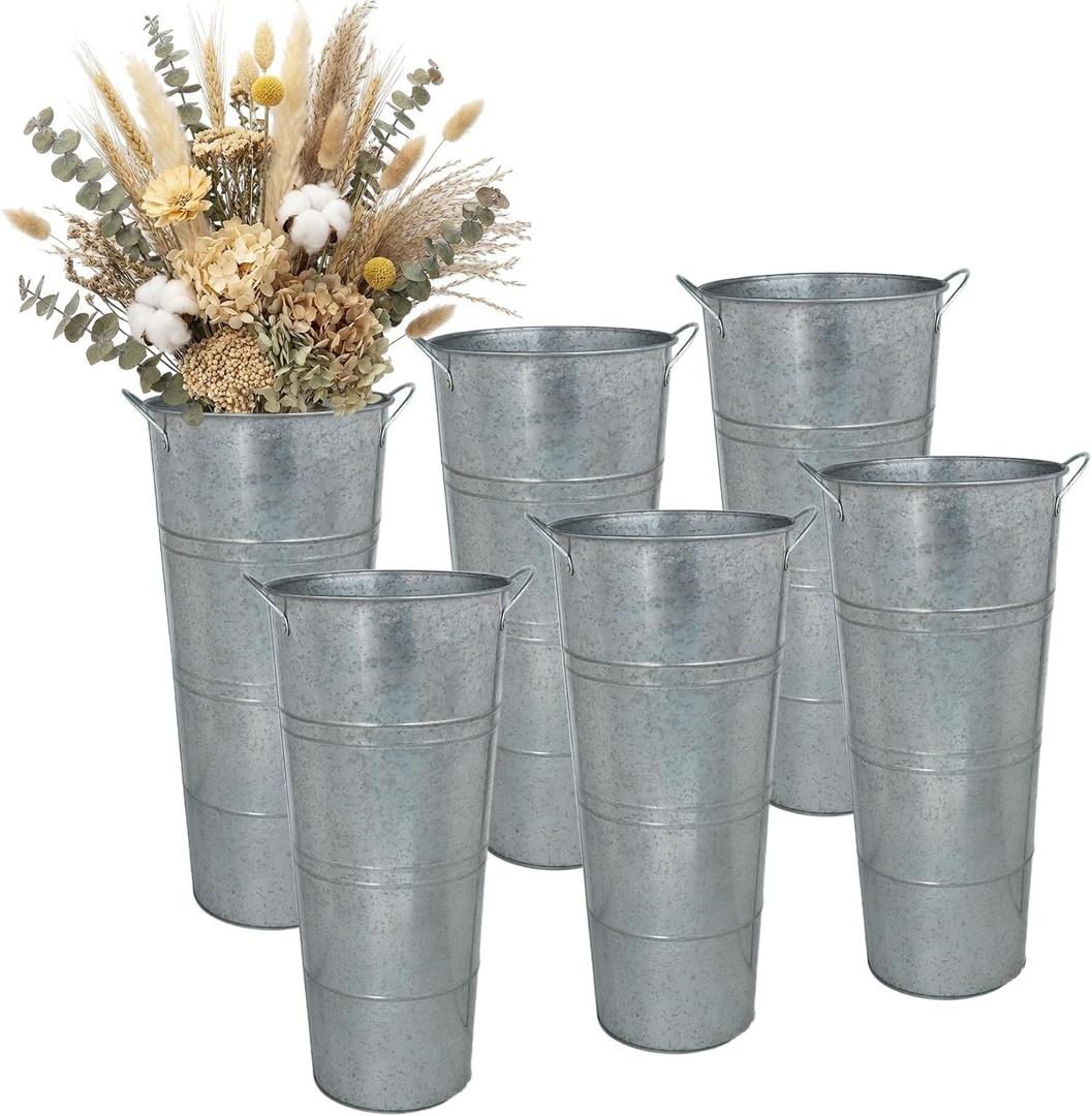 Vensovo Metal Flower Bucket Vase, 15 Inch Tall Silver Rustic Farmhouse Centerpiece for Spring Home Decor & Wedding, Set of 6