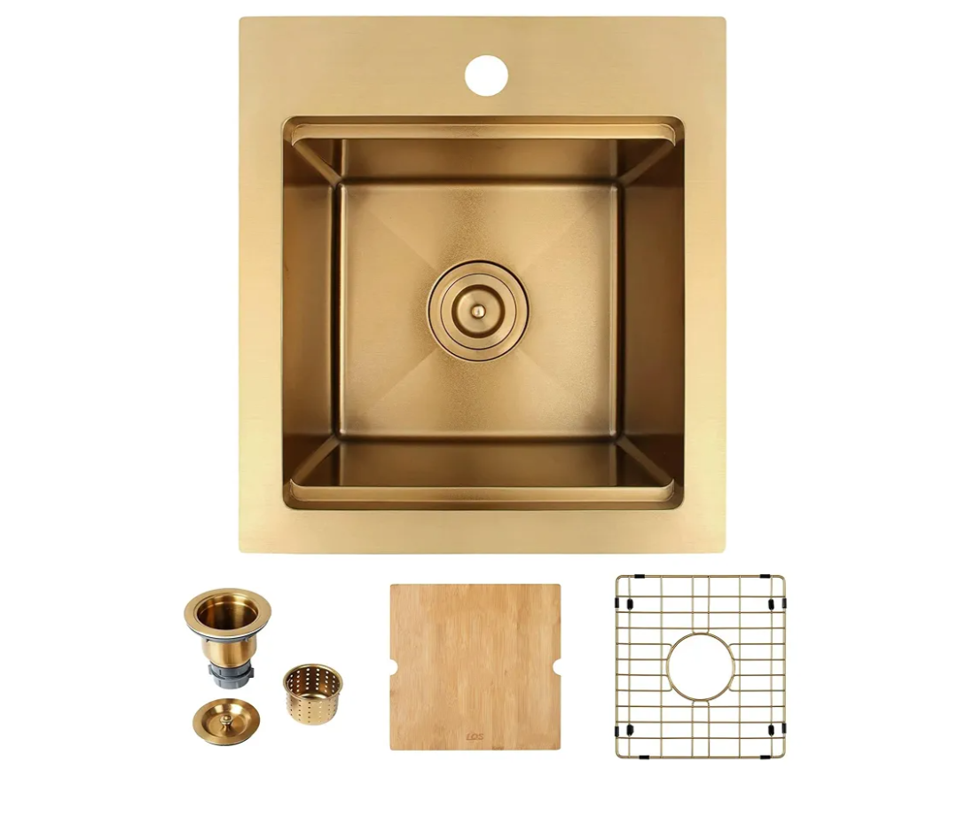 LQS 16" x 18" Gold Drop in Bar Sink, Deep 16 Gauge Stainless Steel Small Single Bowl Workstation Kitchen Sink with Cutting Board, Sink Drain Strainer and Grids