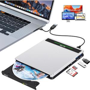 External CD Drive for Laptop: Portable USB3.0 USB C DVD ROM Burner - Optical CD/DVD Player with SD/TF/2 USB Ports Compatible with Apple Mac Linux Windows 11/10/8/7