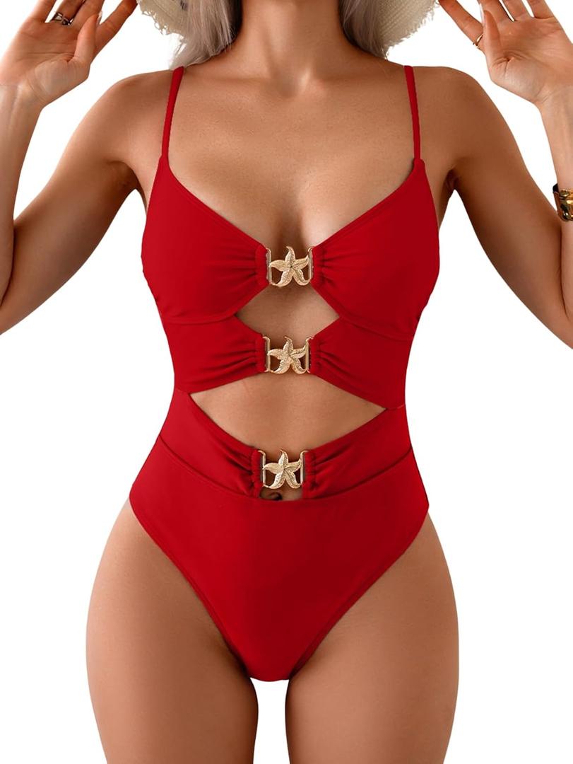 Eomenie Sexy One Piece Swimsuit for Women Cutout Monokini Bathing Suit Starfish Beach Resort Swimwear (Large, Red and Golden Metal)