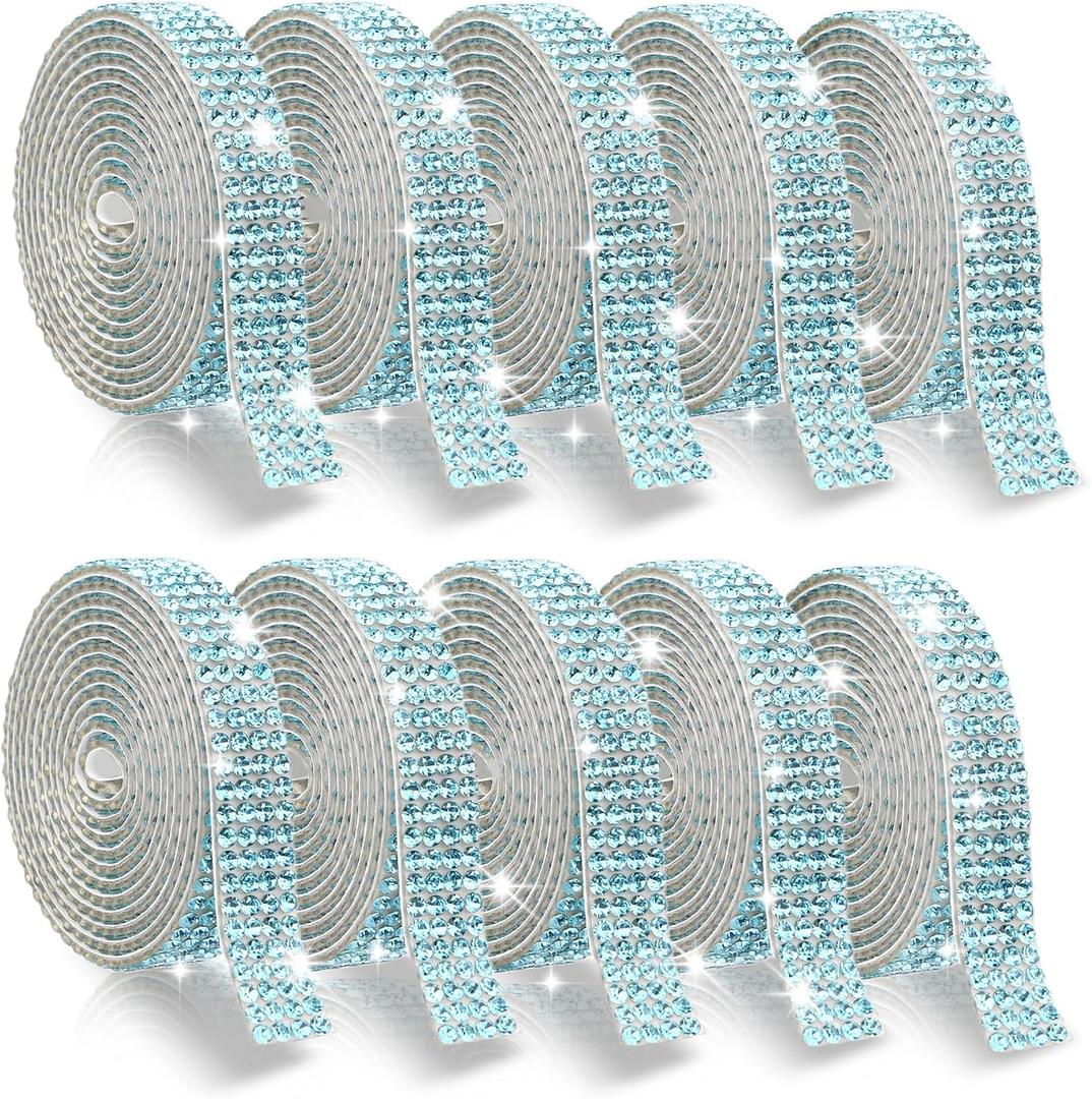 Self Adhesive Rhinestone Ribbon - 10 Rolls 10 Yard Rhinestone Strip - Glitter Bling Crystal Diamond Ribbon for DIY Decor, Shoes, Wedding, Party, Crafts - 4 Rhinestones/Row, Lake Blue