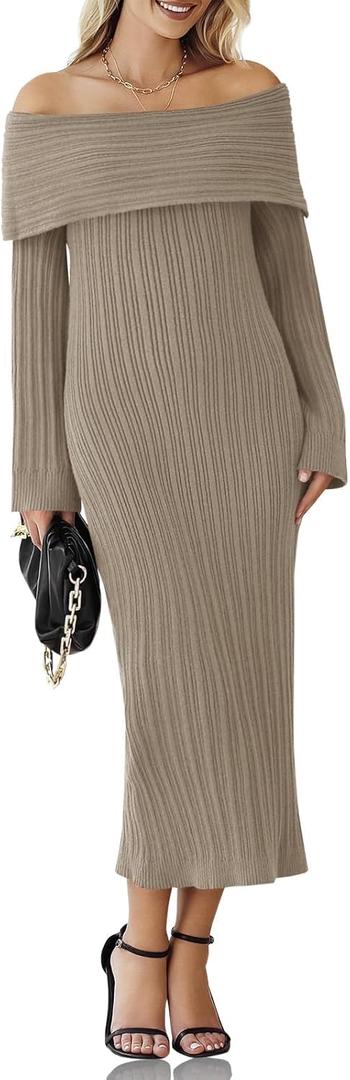 Saodimallsu Womens Off Shoulder Maxi Sweater Dress Long Sleeve Bodycon Sexy Elegant Club Party Knit Dresses (Small, Army Green)