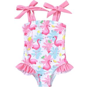YOUNGER TREE Toddler Swimsuit Girl Color Block Stripe One-Piece Swimwear Baby Girl Bathing Suits (9-12 Months, Leaves + Flamingos)