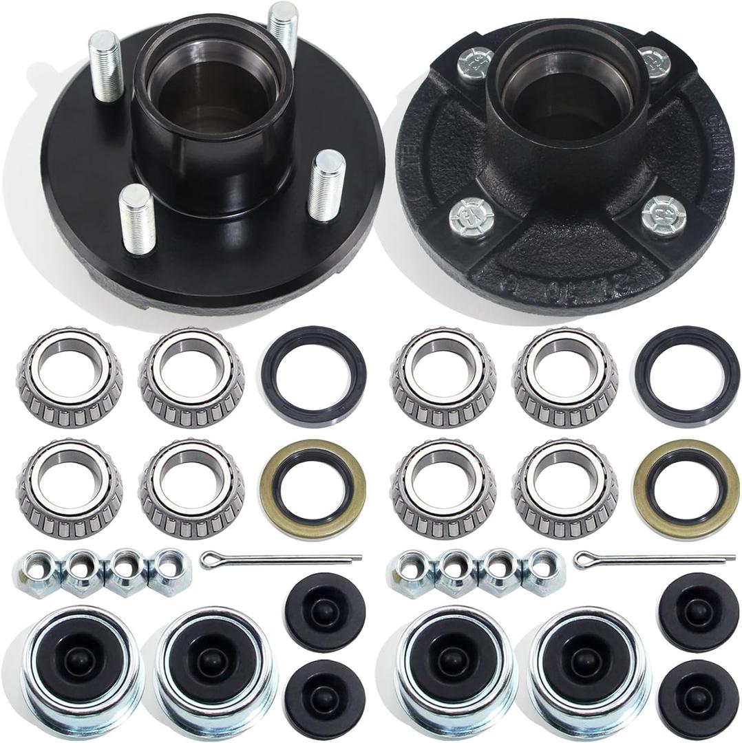 2 Sets 4 on 4'' Trailer Hub Kit for 2000 lbs 1" or 1-1/16" Trailer Straight Axle, 4x4'' Trailer Idler Hub Kit 4 Bolt, Fits 1" and 1-1/16" Spindle, Trailer Hub Kit with Extra Cap & Rubber Plug
