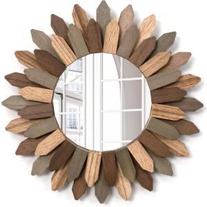 Emfogo Wall Mirror 12 inch Rustic Wood Sunburst Boho Mirror Farmhouse Wall Decor Room Decor Home Decor for Bedroom Living Room Entryway (Tri-Color)