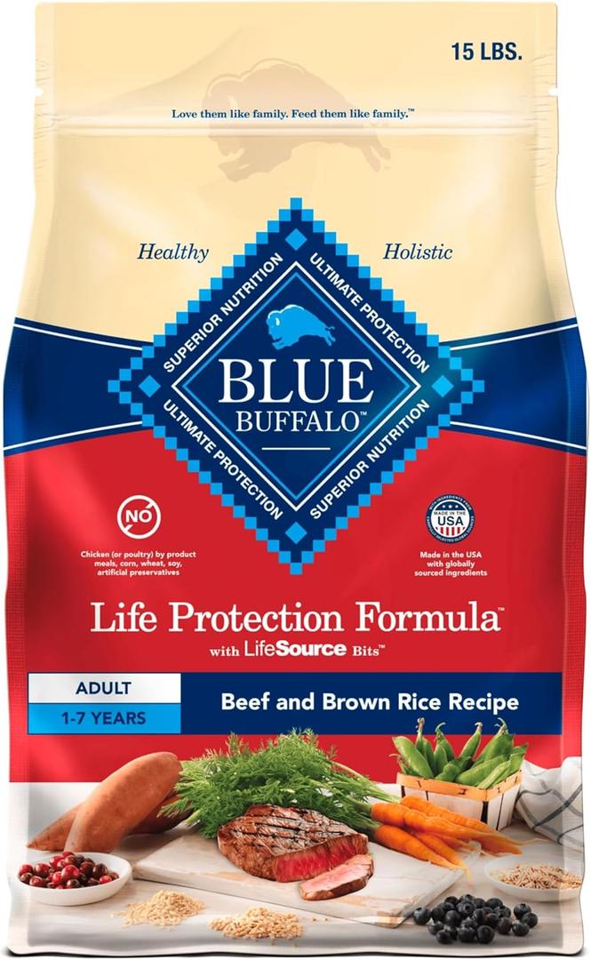 Blue Buffalo Life Protection Formula Adult Dry Dog Food, Helps Build and Maintain Strong Muscles, Made with Natural Ingredients, Beef & Brown Rice Recipe, 15-lb. Bag, Best By: 2026 OCT 09