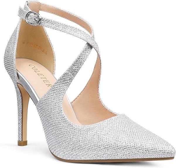 COLETER Womens 4" Pointed Toe D'Orsay Pumps Stilettos High Heel Crossed Ankle Strap Dress Shoes, 9.5