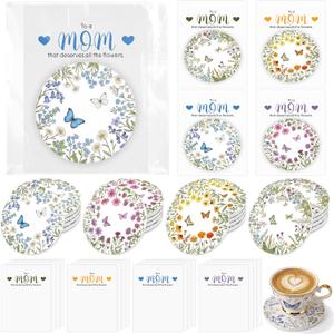 Domensi 16 Sets Mother's Day Flower Coasters Gift Ceramic Butterfly Coasters with Mom Greeting Cards from Daughter Son Floral Table Decoration for Mom Women Birthday