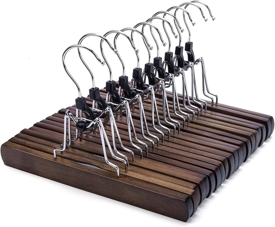Nature Smile Wooden Pants Skirt Hangers, Smooth Finish Solid Wood Non Slip Jeans Slack Clamp Hangers Hair Extension Hangers (10 Pack Retro)