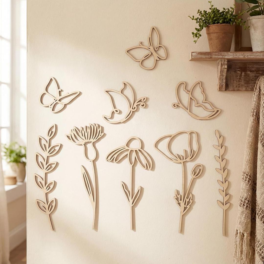 Novabright 9 Pcs Wooden Wildflower Wall Decor Boho Flower Cutout Nursery Decor Floral Sign Decal for Bedroom Living Room
