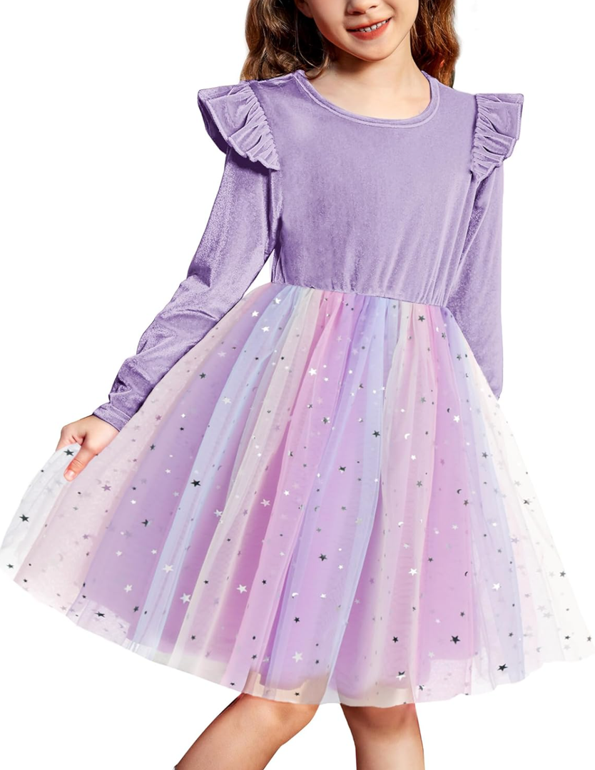 Arshiner Toddler Tutu Dresses Little Girls Velvet Tulle Fall Winter Long Sleeve Ruffle Holiday Party Dress 2-6Y, 130
