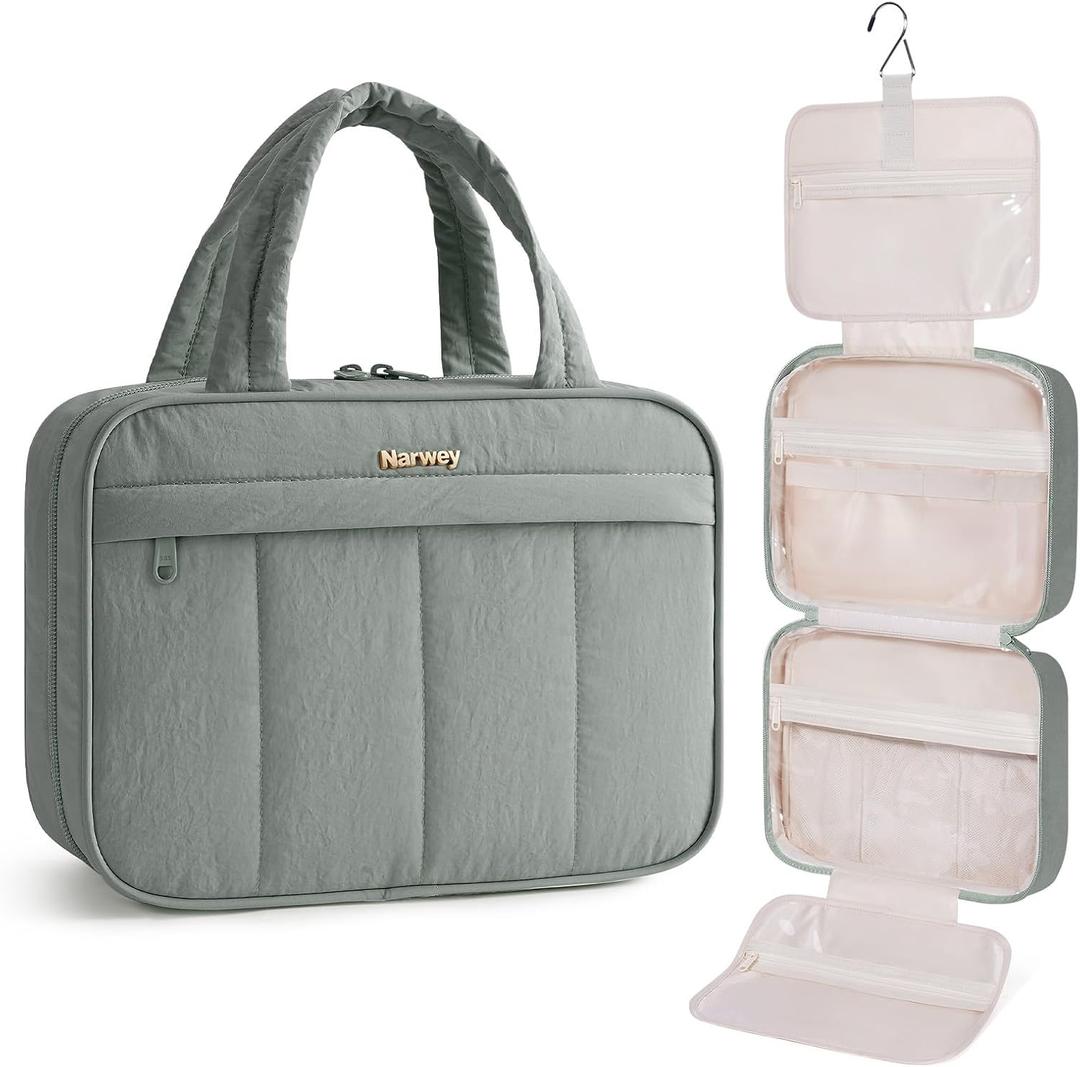 Narwey Hanging Travel Toiletry Bag for Women, Quilted Makeup Bag Organizer with Handle, Travel Bathroom Bag, Portable Toiletries Bag for Essentials, Accessories, Brushes, Cosmetics (Sage Green)