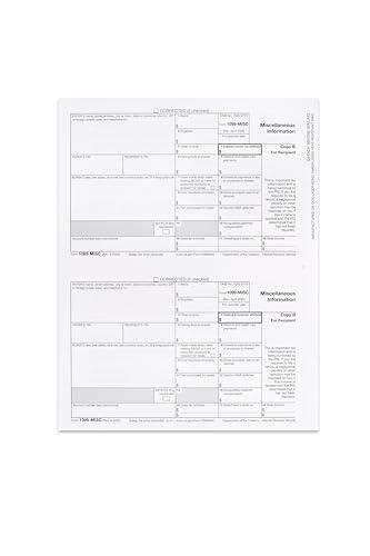 1099 MISC Laser 'Copy B' Recipient 2025, 50 Recipients of Laser MISC COPY B Forms, Compatible with QuickBooks and Accounting Software, 25 sheets