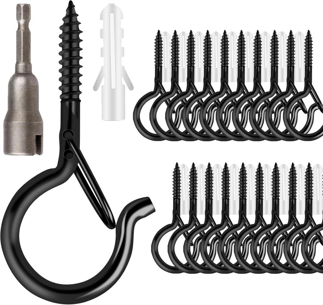 FSAH 36 PCS Q-Hanger Hooks with Safety Buckle, Windproof Screw Hooks for Outdoor String Lights Hanging Christmas Lights, Plants, with 1 Wing Nut Driver (Black)