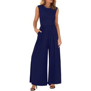 BTFBM Womens Casual Jumpsuits Dressy 2026 Spring One Piece Outfits Crew Neck Sleeveless Knit Wide Leg Pants Romper Beach (S)